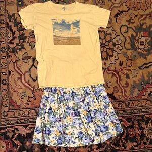 Yellow Graphic Buddha med tee & floral cotton skirt stretches to 32” all cotton